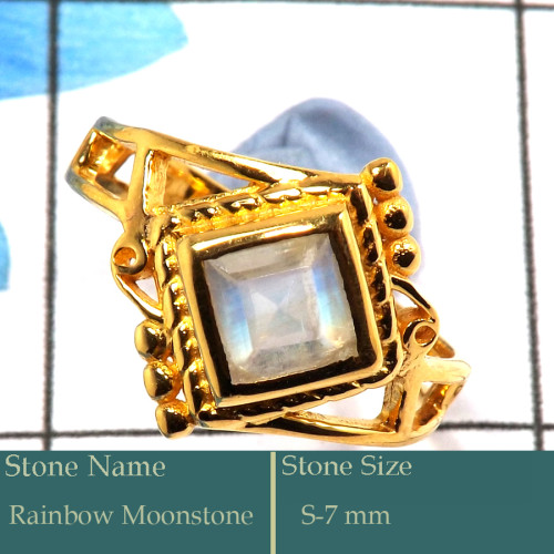 Rainbow Moonstone Cut G - CMJ848-Amazing Solid 925 Silver 18K Gold Plated Ring Cut Gemston