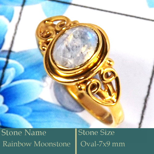 Rainbow Moonstone Cut E - CMJ847-Dazzling 925 Silver 18K Gold Plated Ring Cab & Cut Gemsto