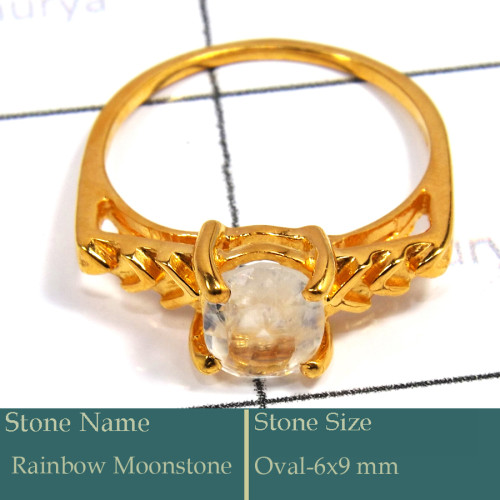 Rainbow Moonstone Cut F - CMJ847-Dazzling 925 Silver 18K Gold Plated Ring Cab & Cut Gemsto