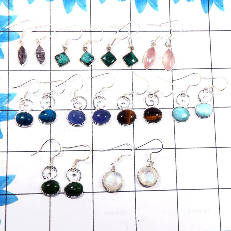 10 Pairs Mix Cab Stone O - BDA974-10 Pairs Cab & Cut Mix Gemstone 925 Silver Earrings Lots