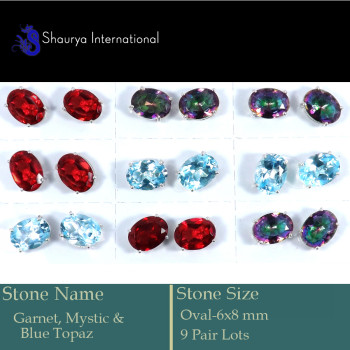 9 Pair 6x8mm Garnet, Mystic & Blue Topaz Cut A - SSE849-9 Pair 6x8mm Cut Gemstone Stud Earrings 925 Sterling Silv