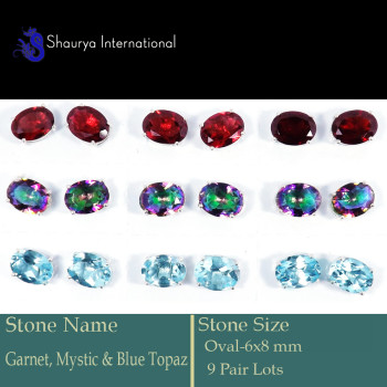 9 Pair 6x8mm Garnet, Mystic & Blue Topaz Cut O - SSE849-9 Pair 6x8mm Cut Gemstone Stud Earrings 925 Sterling Silv