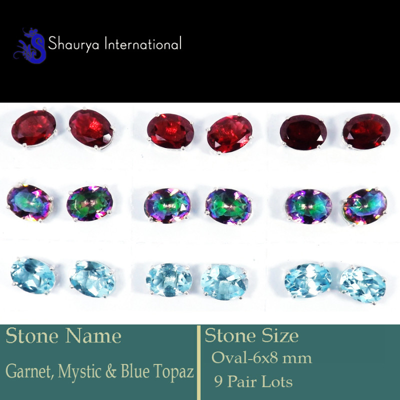 9 Pair 6x8mm Garnet, Mystic & Blue Topaz Cut O - SSE849-9 Pair 6x8mm Cut Gemstone Stud Earrings 925 Sterling Silv