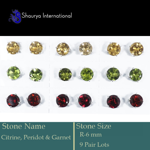 9 Pair 6mm Citrine, Peridot & Garnet Cut D - SSE848-9 Pair 6 & 5 mm 925 Silver Stud Earrings Cut Gemstone Who
