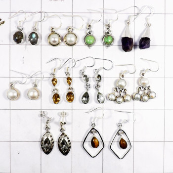 10 Pairs Mix Cab & Cut Gemstone B - BDA927-Stunning 10 Pairs Mix Lots Cab & Cut Stone Earrings 925 S