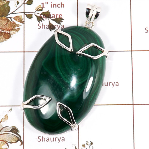 Malachite Cab G - ISP703-Gorgeous Green Malachite Cab Gemstone Chunky Pendant 925
