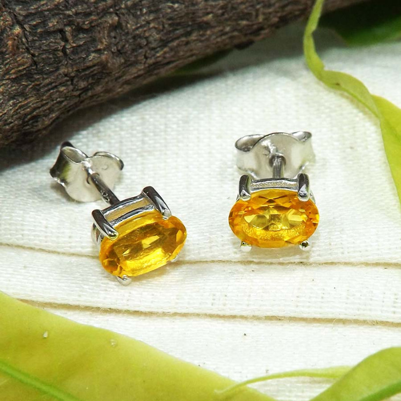 Citrine Cut A - SFJ942-Gorgeous Look Cut Gemstone Stud Earrings 925 Sterling Sil