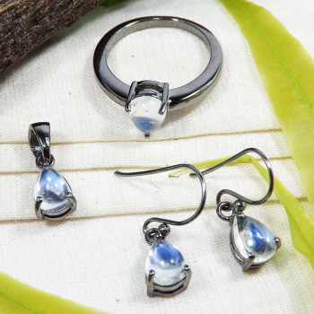 Rainbow Moonstone Cab A - SFJ940-925 Silver Black Rhodium Ring Earrings Pendant Set Rainbo