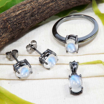 Rainbow Moonstone Cab B - SFJ940-925 Silver Black Rhodium Ring Earrings Pendant Set Rainbo