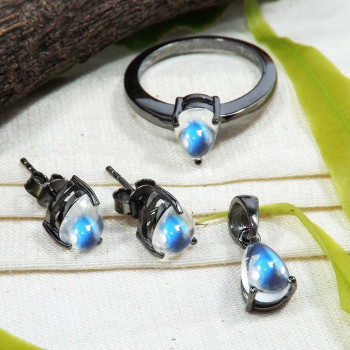 Rainbow Moonstone Cab E - SFJ940-925 Silver Black Rhodium Ring Earrings Pendant Set Rainbo