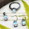 Rainbow Moonstone Cab O - SFJ940-925 Silver Black Rhodium Ring Earrings Pendant Set Rainbo