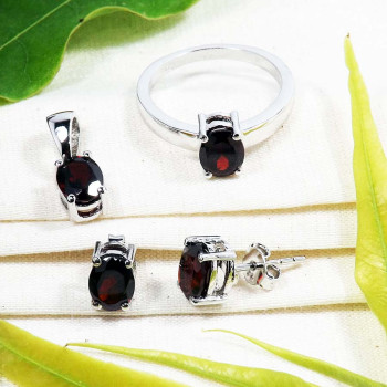 Garnet Cut H - SFJ939-3 Pcs Ring Earrings Pendant Set Jewelry 925 Sterling Silv