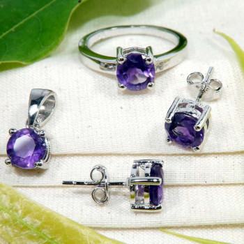 Amethyst Cut I - SFJ939-3 Pcs Ring Earrings Pendant Set Jewelry 925 Sterling Silv