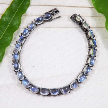 Rainbow Moonstone Cab B - SFJ928-925 Silver Black Rhodium Bracelet Rainbow Moonstone Cab G