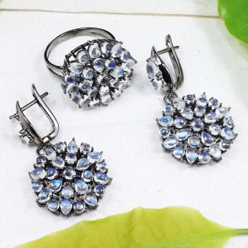 Rainbow Moonstone Cab B - SFJ927-925 Silver Black Rhodium Ring Earrings Set Rainbow Moonst