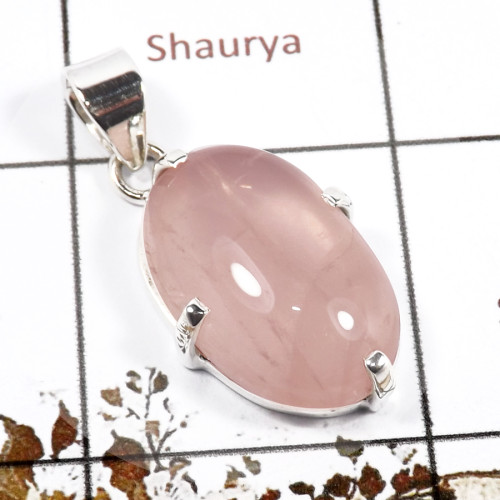 Rose Quartz Cab B - SPS923-Solid 925 Silver Prong Setting Pendant Cab & Cut Rose Qua