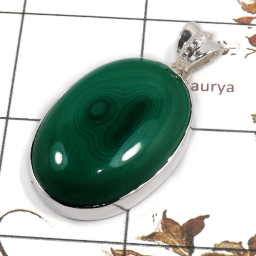 Malachite Cab I - SPS918-Trendy Look 925 Silver Prong Setting Pendant Malachite Ca