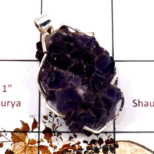 Amethyst Druzy B - SPS916-Gorgeous Amethyst Druzy Pendant 925 Silver Prong Setting