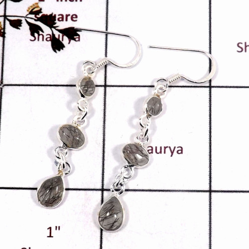 Black Rutile M - BZE724-Exclusive Three Stone Wholesale Bezel Earrings 925 Sterli