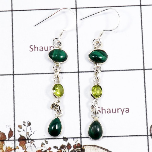 Malachite  & Peridot A - BZE723-Stunning Cab & Cut Gemstone Wholesale Bezel Earrings 925 