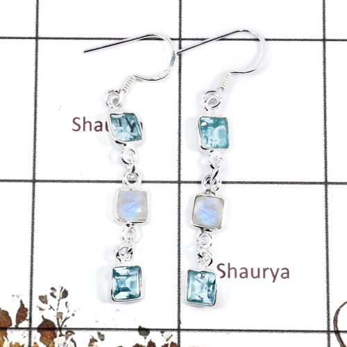 Blue Topaz & Rainbow Moonstone C - BZE723-Stunning Cab & Cut Gemstone Wholesale Bezel Earrings 925 