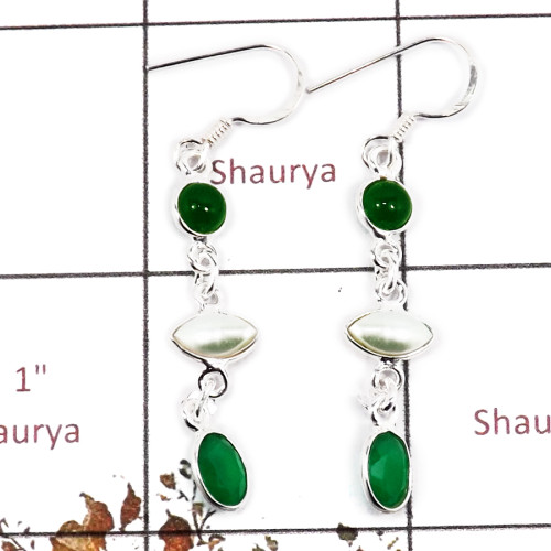 Green Onyx ?& Pearl D - BZE723-Stunning Cab & Cut Gemstone Wholesale Bezel Earrings 925 