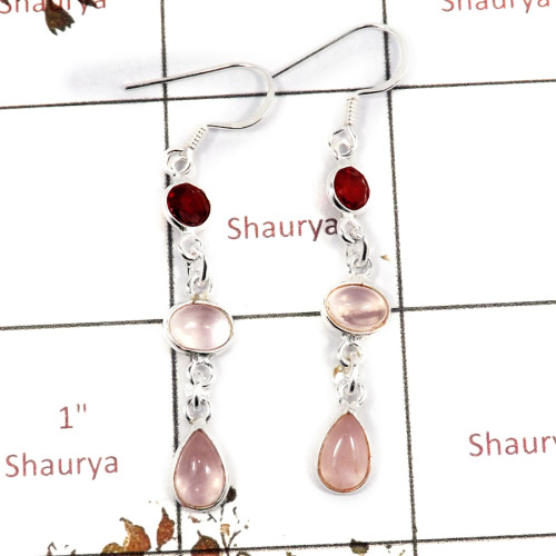 Garnet Cut  & Rose Quartz G - BZE723-Stunning Cab & Cut Gemstone Wholesale Bezel Earrings 925 