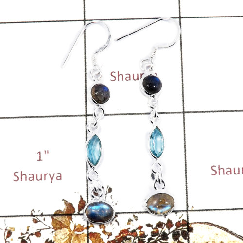 Labradorite Cab & Blue Topaz H - BZE723-Stunning Cab & Cut Gemstone Wholesale Bezel Earrings 925 