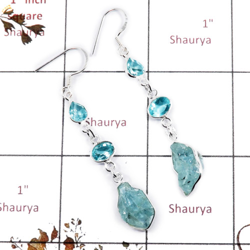 Blue Topaz & Aquamarine Rough A - BZE720-Fabulous Three Stone Party Wear Bezel Earrings 925 Sterli