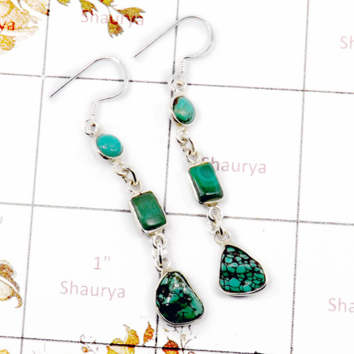 Tibet Turquoise B - BZE720-Fabulous Three Stone Party Wear Bezel Earrings 925 Sterli