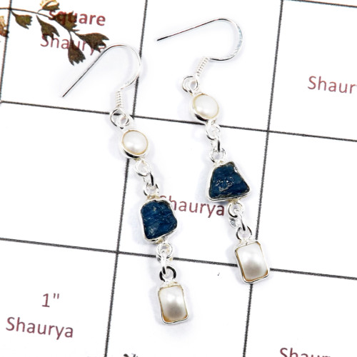 Pearl & Apatite Rough C - BZE720-Fabulous Three Stone Party Wear Bezel Earrings 925 Sterli