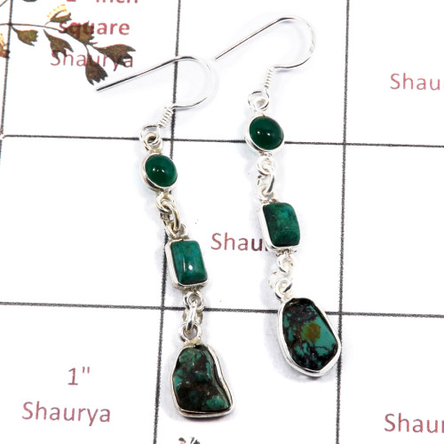 Green Onyx & Tibet Turquoise D - BZE720-Fabulous Three Stone Party Wear Bezel Earrings 925 Sterli