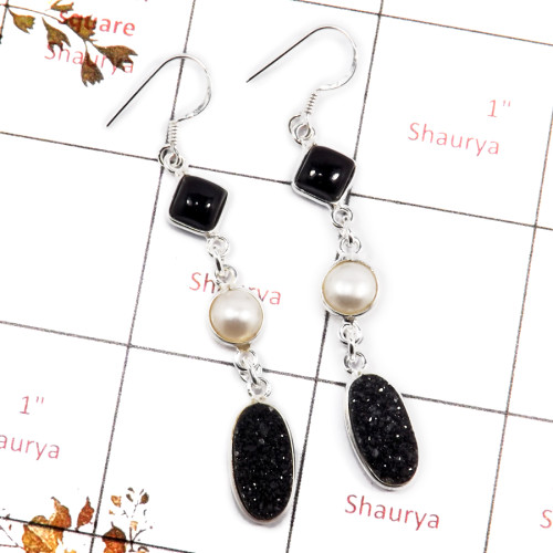Black Onyx,Pearl & Black Druzy E - BZE720-Fabulous Three Stone Party Wear Bezel Earrings 925 Sterli