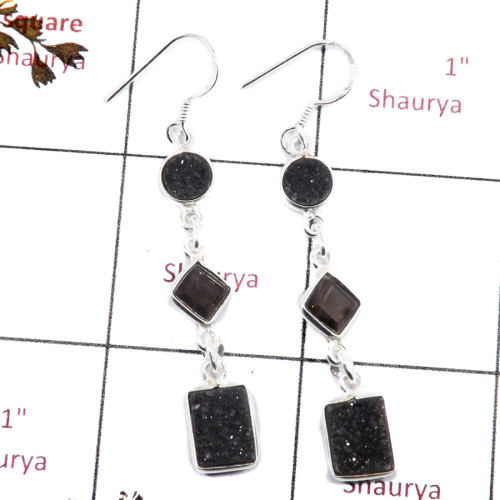 Black Druzy & Smoky Quartz F - BZE720-Fabulous Three Stone Party Wear Bezel Earrings 925 Sterli