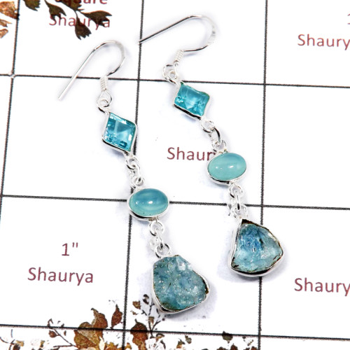Blue Topaz,Blue Chalcedony & Aquamarine Rough G - BZE720-Fabulous Three Stone Party Wear Bezel Earrings 925 Sterli