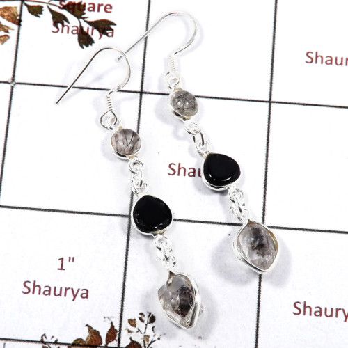 Black Rutile,Black Onyx & Herkimer Diamond H - BZE720-Fabulous Three Stone Party Wear Bezel Earrings 925 Sterli