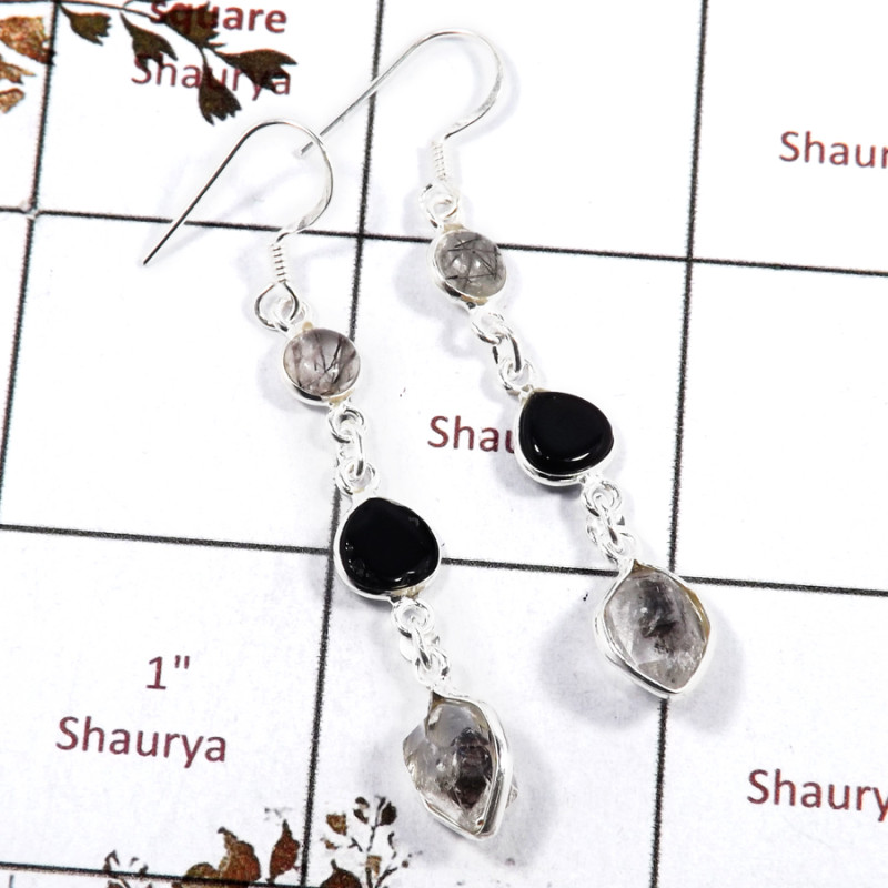 Black Rutile,Black Onyx & Herkimer Diamond H - BZE720-Fabulous Three Stone Party Wear Bezel Earrings 925 Sterli