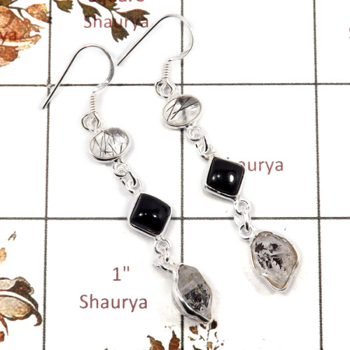 Black Rutile,Black Onyx & Herkimer Diamond I - BZE720-Fabulous Three Stone Party Wear Bezel Earrings 925 Sterli