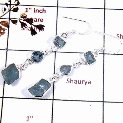 Blue Topaz & Aquamarine Rough A - BZE721-Dazzling Look Three Stone Bezel Earrings 925 Sterling Sil