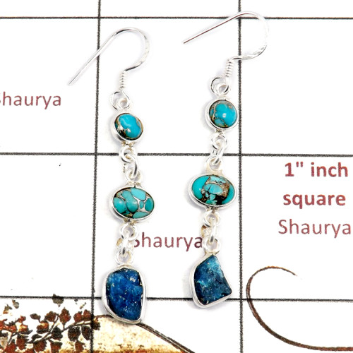 Blue Copper Turquoise & Apatite F - BZE721-Dazzling Look Three Stone Bezel Earrings 925 Sterling Sil