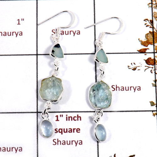 Aquamarine Rough I - BZE721-Dazzling Look Three Stone Bezel Earrings 925 Sterling Sil Aquamarine Rough I - BZE721-Dazzling Look Three Stone Bezel Earrings 925 Sterling Sil