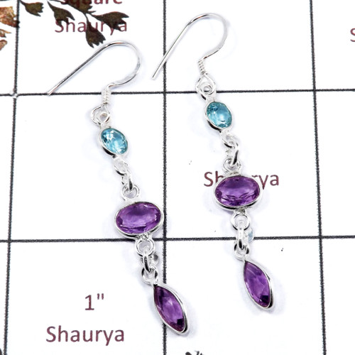 Blue Topaz & Amethyst C - BZE719-Beautiful Three Cut Stone Handmade Bezel Earrings 925 Ste