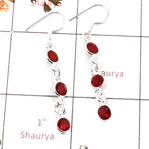Garnet Cut D - BZE719-Beautiful Three Cut Stone Handmade Bezel Earrings 925 Ste