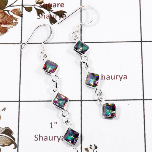 Mystic Quartz E - BZE719-Beautiful Three Cut Stone Handmade Bezel Earrings 925 Ste