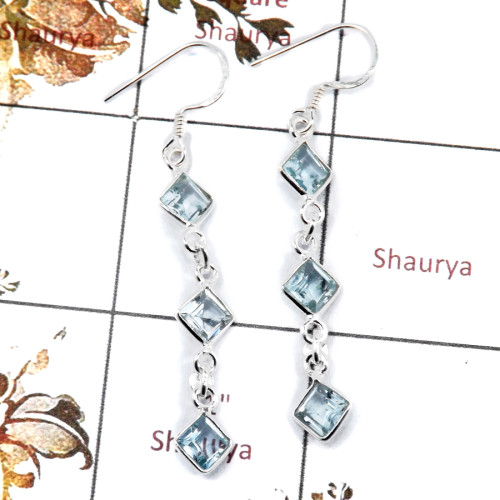 Blue Topaz G - BZE719-Beautiful Three Cut Stone Handmade Bezel Earrings 925 Ste