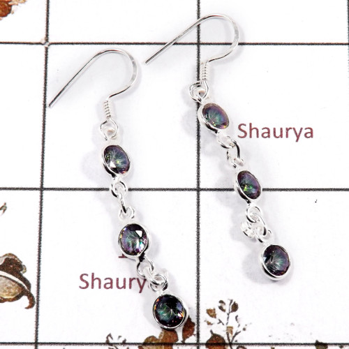 Mystic Quartz H - BZE719-Beautiful Three Cut Stone Handmade Bezel Earrings 925 Ste