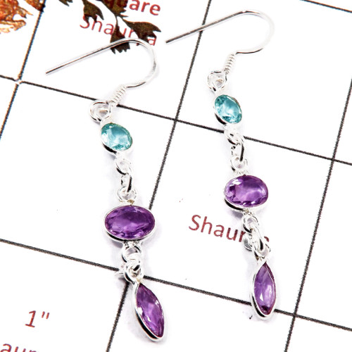 Blue Topaz & Amethyst Cut O - BZE719-Beautiful Three Cut Stone Handmade Bezel Earrings 925 Ste