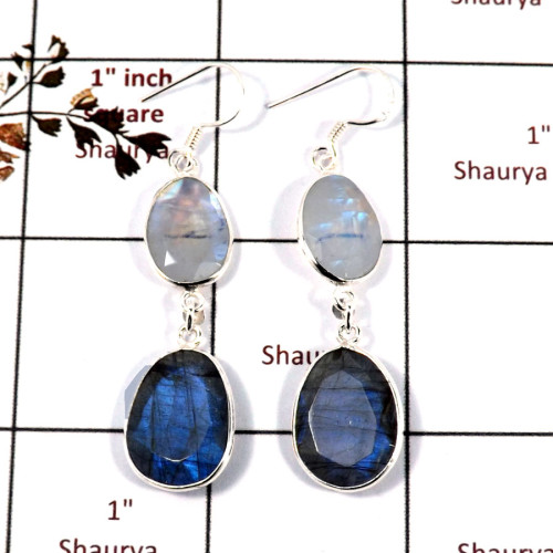 Rainbow Moonstone & Labradorite Cut A - BZE718-Stunning Two Stone Handmade Bezel Earrings 925 Sterling S Rainbow Moonstone & Labradorite Cut A - BZE718-Stunning Two Stone Handmade Bezel Earrings 925 Sterling S