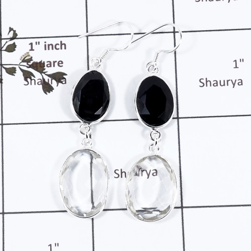 Black Onyx Cut & Crystal Quartz B - BZE718-Stunning Two Stone Handmade Bezel Earrings 925 Sterling S