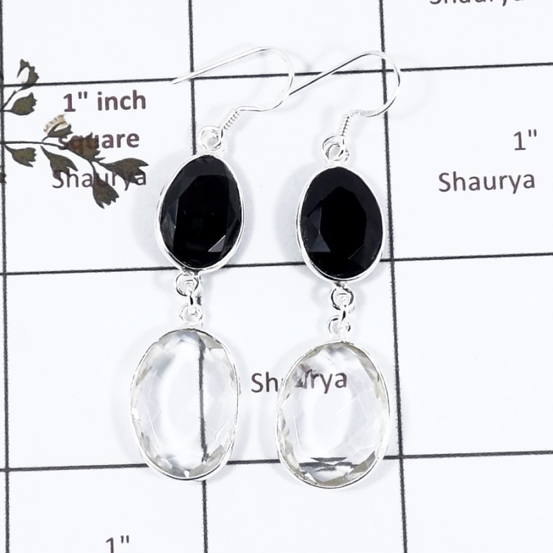 Black Onyx Cut & Crystal Quartz B - BZE718-Stunning Two Stone Handmade Bezel Earrings 925 Sterling S